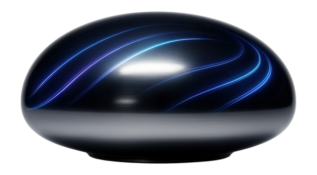 Elliptical dome with a high-gloss finish and dynamic light streaks.