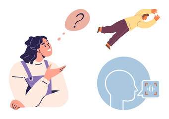 Woman thinking with question mark bubble, floating man in stress pose, and speech-focused icon. Ideal for communication, problem-solving, mental health, technology, AI stress imagination. Simple