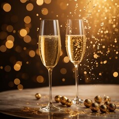 A champagne glass frozen mid-splash, surrounded by golden bokeh lights. Symbolizes celebration, luxury, and festivity.