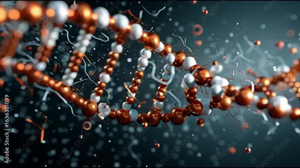 Poster mrna vaccine technology biotechnology research. 3d rendering of a dna strand with dynamic particles.
