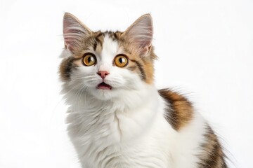 Obraz premium Curious young cat looking upwards isolated on white background