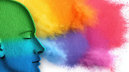 Human face emerging from colorful powder explosions representing diversity
