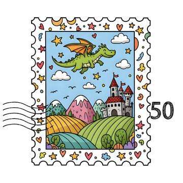 A vibrant, hand-drawn style illustration of a friendly green dragon flying over a fairytale castle and whimsical landscape, designed as a postage stamp. Perfect for children's projects, fantasy themes