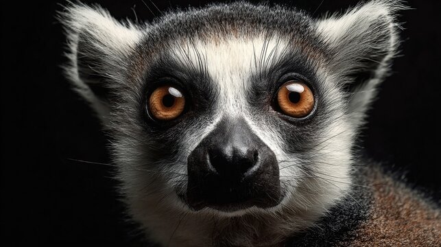 Ring-tailed lemur portrait. Striking orange eyes, black and white fur, dark background - Powered by Adobe