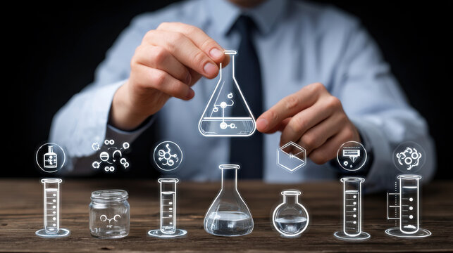 Scientist using virtual reality interface analyzing chemical formulas and liquid solutions in laboratory glassware