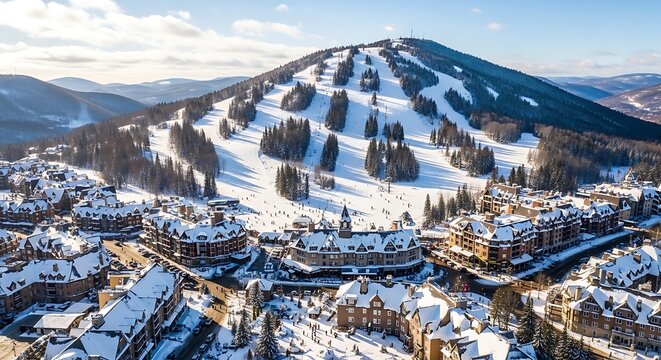 Aerial view of Mont Tremblant ski resort and village on a sunny winter day.