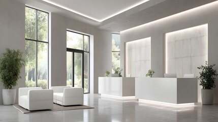 Modern white reception area with large windows.