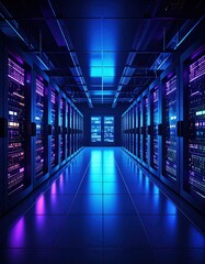 Dark colorful servers center room with computers and storage systems 