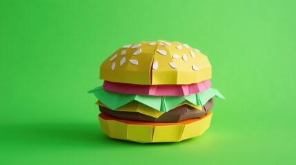 Origami Burger on Green Background