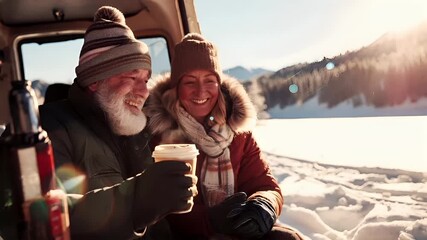 A candid shot of a man and woman inside a vehicle, with the man laughing and the woman holding a cup of coffee. The man is wearing a striped hat and a green jacket.