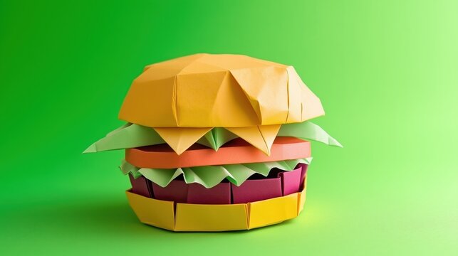 Origami Hamburger on Green Background