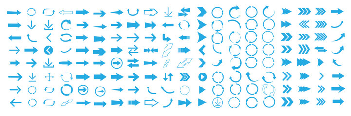 Arrow icon set. Cursor. Collection different arrow signs. Blue arrows icons set. Arrow icon collection. Large Blue arrow icon vector set. Blue icon collection