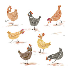 A charming hand drawn collection of whimsical chicken, rooster, and hen illustrations. agriculture, poultry farming, rural life, and rustic decor