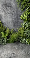 Lush greenery against a textured, gray concrete wall