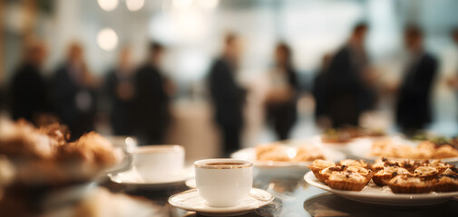 A networking coffee break at a corporate event, participants mingling with blurred focus on elegant pastries and coffee cups.