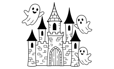 Naklejka premium Haunted castle with friendly ghosts in outline style for halloween designs