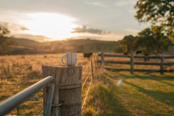 Coffee mug sitting on fence post on farm at sunrise © Caseyjadew