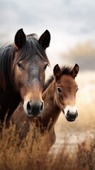 Fototapeta premium Close up of a horse and its foal in a golden field during a cloudy afternoon