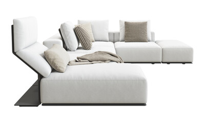 Modern white fabric upholstery sofa with pillows and throw plaid. 3d render.