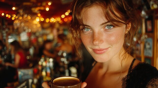 Portrait of a Young Woman Enjoying Coffee in a Cozy Cafe Interior Atmosphere and Authentic Charm Perfect for Lifestyle Content Mockup Advertisement Relaxation and Simple