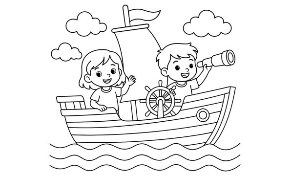 Children sailing adventure in a coloring page