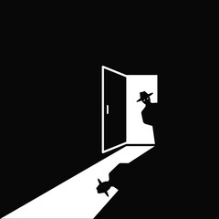 Spy peeping behind the door, vector illustration.