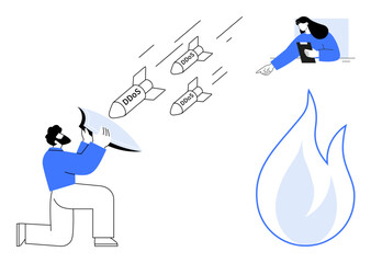 Man shields from DDOS attacks with reflective barrier, woman monitors system issue, flame of risk. Ideal for cybersecurity, system management, teamwork, innovation, protection, strategy simple