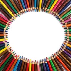Fototapeta premium Colored pencils arranged in a circle around a white space