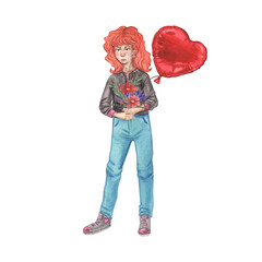 A girl with curly red hair holding a bouquet and a heart shaped balloon. Watercolor illustration with romantic vibe. Retro style. Perfect for Valentine Day, love stories, postcards, character design.