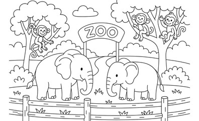 Cute zoo coloring page with elephants and monkeys for kids