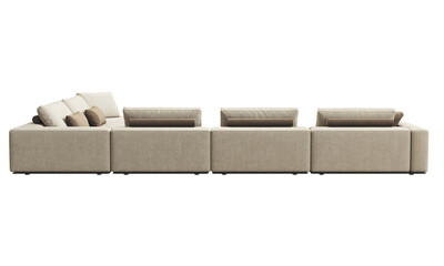 Modern beige chenille upholstery sofa with pillows and throw plaid. 3d render.