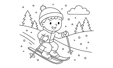 Child enjoying winter skiing adventure in snowy landscape coloring page