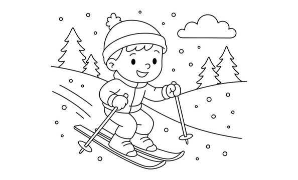 Child enjoying winter skiing adventure in snowy landscape coloring page