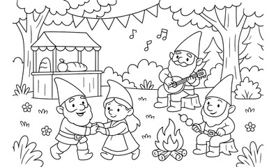 Fototapeta premium Whimsical forest gathering with joyful gnomes celebrating in nature