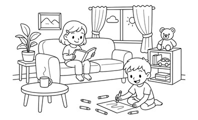 Children's coloring page: kids drawing and reading in cozy living room scene