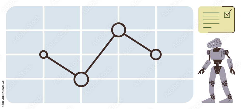 Poster line graph with grid background, humanoid robot, and checklist notepad. ideal for analytics, trends,
