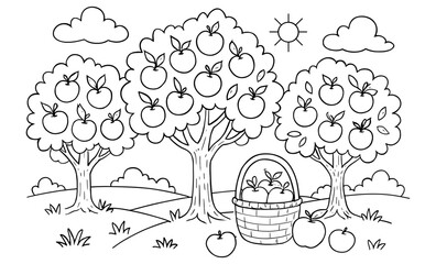 Fototapeta premium Orchard scene with apple trees and basket in black and white line art