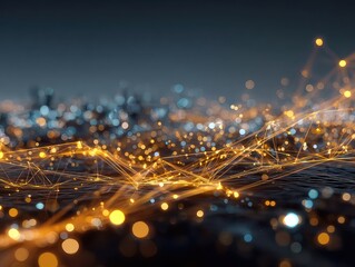 Luminous Golden Plexus Network Over a Defocused Bokeh Cityscape.