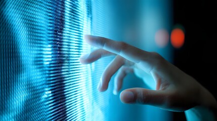 A hand interacts with a large, illuminated display screen.