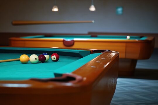 Pool tables arranged neatly in a cozy game room showcasing colorful balls and cues