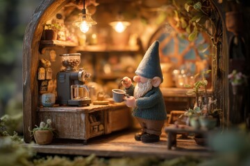 A delightful and whimsical gnome cafe scene with a charming atmosphere. The gnome enjoys a cup of coffee in a cozy setting filled with lively indoor plants and warm light.