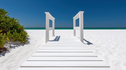 White wooden staircase descending to a beach with deep blue sea and clear sky