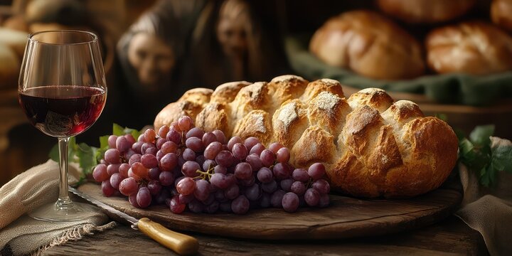 Freshly baked bread with red wine and grapes on a rustic wooden table in a cozy setting - Powered by Adobe