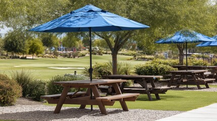 Cozy Outdoor Picnic Area with Wooden Tables and Blue Umbrellas Overlooking a Lush Green Landscape in a Bright Sunny Environment