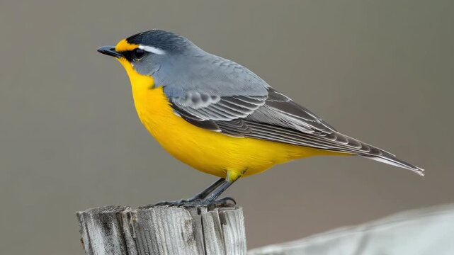A vibrant bird with yellow and gray plumage sits on a wooden post, exhibiting its natural beauty in a serene environment