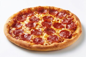 Pizza with pepperoni and cheese.  A round pizza,  topped with  pepperoni slices and melted cheese, presented on a white background.  The crust is golden brown