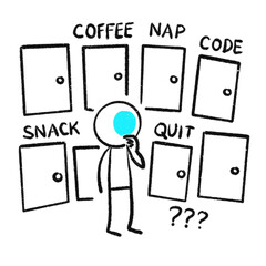 Minimalist stick figure standing before multiple labeled doors, confused about which to choose. Hand-drawn humorous concept art illustrating decision paralysis and overthinking.