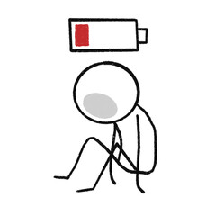 Minimalist stick figure illustration of a tired, slumped person with a nearly empty battery icon overhead, symbolizing exhaustion, burnout, and low energy in modern daily life.