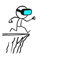 Minimalist stick figure wearing virtual reality goggles, stepping off a cliff in real life. Humorous hand-drawn concept art illustrating metaverse risks and digital escapism.