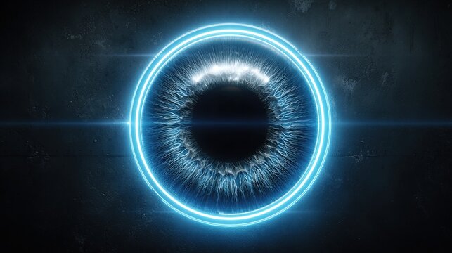 A futuristic mechanical eye with neon blue light shining on a minimalist dark background, showcasing sci-fi aesthetics and advanced technology concepts.